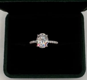 Oval Shape Moissanite Ring Mounted in Sterling With White Gold Overlay, COA