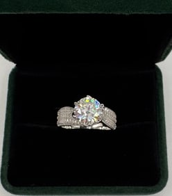 Sparkling Moissanite Ring Mounted in Sterling With White Gold Overlay, COA