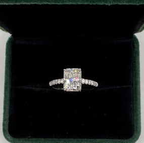 Radiant Moissanite Ring Mounted in Sterling With White Gold Overlay, COA