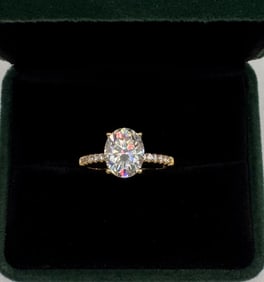 Oval Shape Moissanite Ring Mounted in Sterling With Yellow Gold Overlay, COA