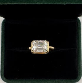 Emerald Cut Moissanite Ring Mounted in Sterling With Yellow Gold Overlay, COA