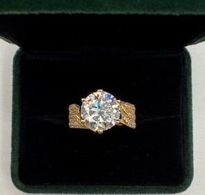 Sparkling 5 Carats  Moissanite Ring Mounted in Sterling With Yellow Gold Overlay, COA