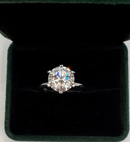 5 Carats  Moissanite Ring Mounted in Sterling With White Gold Overlay, COA