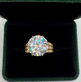 Sparkling 10 Carats  Moissanite Ring Mounted in Sterling With Yellow Gold Overlay, COA