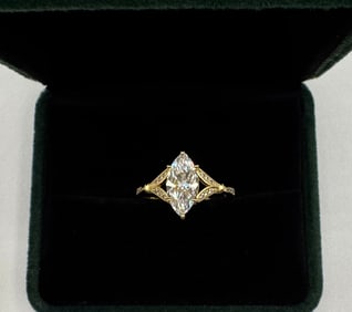 Marquise Moissanite Ring Mounted in Sterling With Yellow Gold Overlay, COA