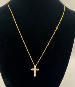 Cross Moissanite Necklace Sterling W/ Yellow Gold Overlay & COA