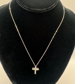 Cross Moissanite Necklace Sterling W/ White Gold Overlay & COA