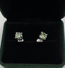 Moissanite Green Earrings Mounted in Sterling W/ White Gold Overlay, COA
