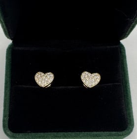 Heart Shape Moissanite Earrings Mounted in Sterling W/ Yellow Gold Overlay, COA
