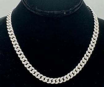 Moissanite Cuban Necklace in Sterling with White Gold Overlay, with Report & Box