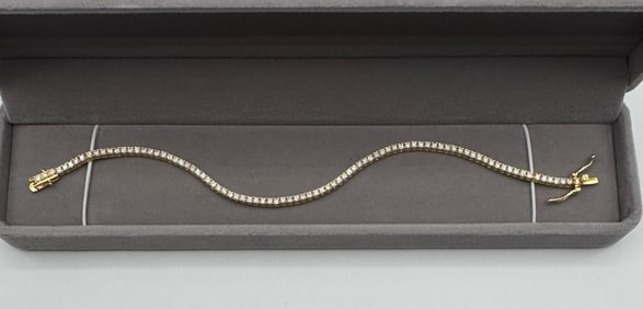 Tennis Moissanite Bracelet in Sterling with Yellow Gold Overlay, with Report & Box