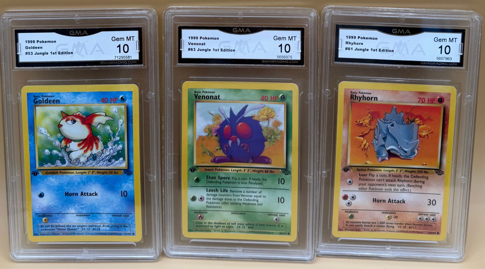 1999 Rhyhorn, Goldeen & Venonat 1st Edition Pokemon: 1999 Rhyhorn, Goldeen & Venonat 1st Edition Pokemon cards Mint 10