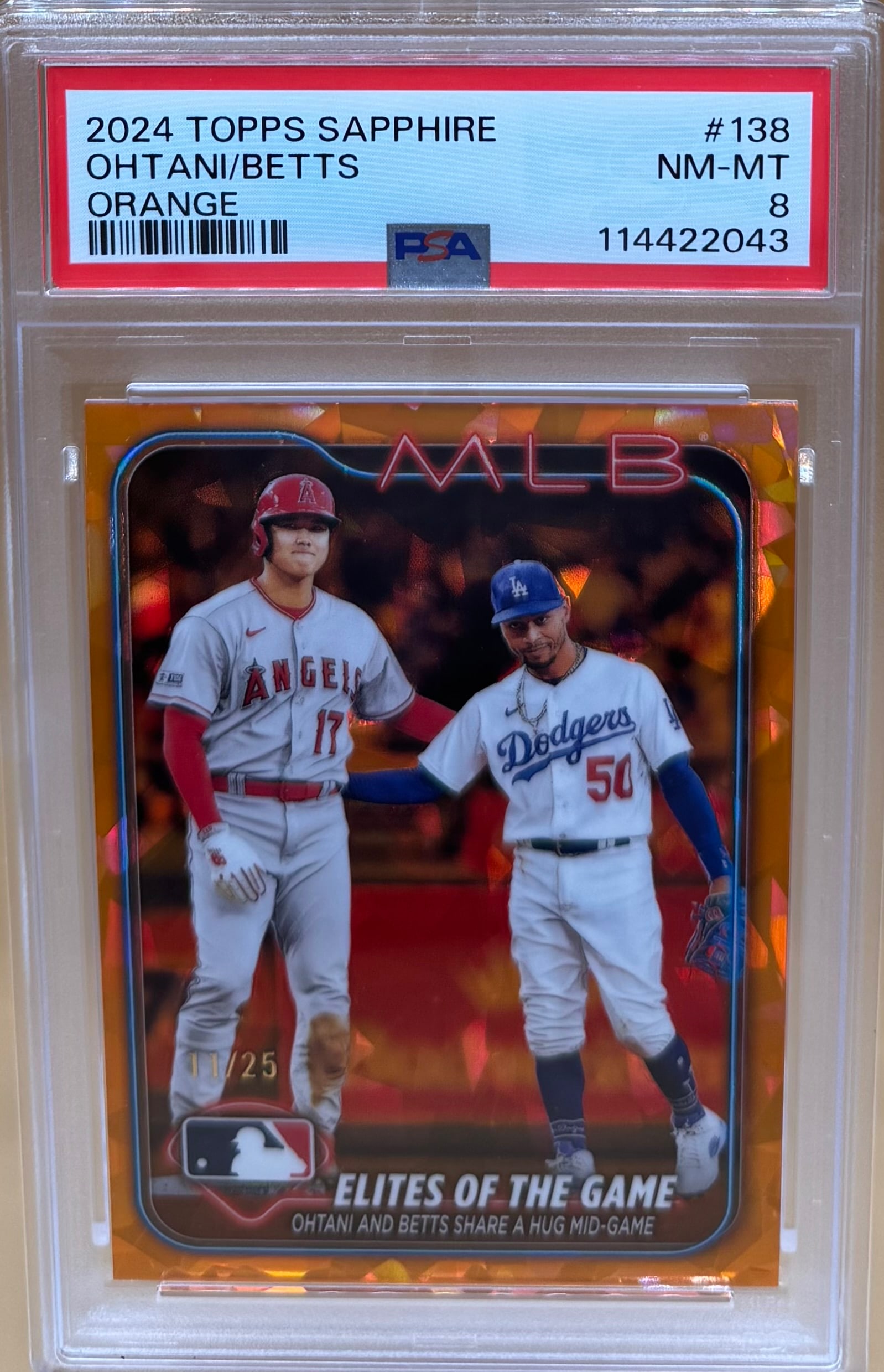 Shohei Ohtani Sapphire Orange Card /25: 2024 Topps Shohei Ohtani Sapphire Orange Card /25 PSA Mint 8