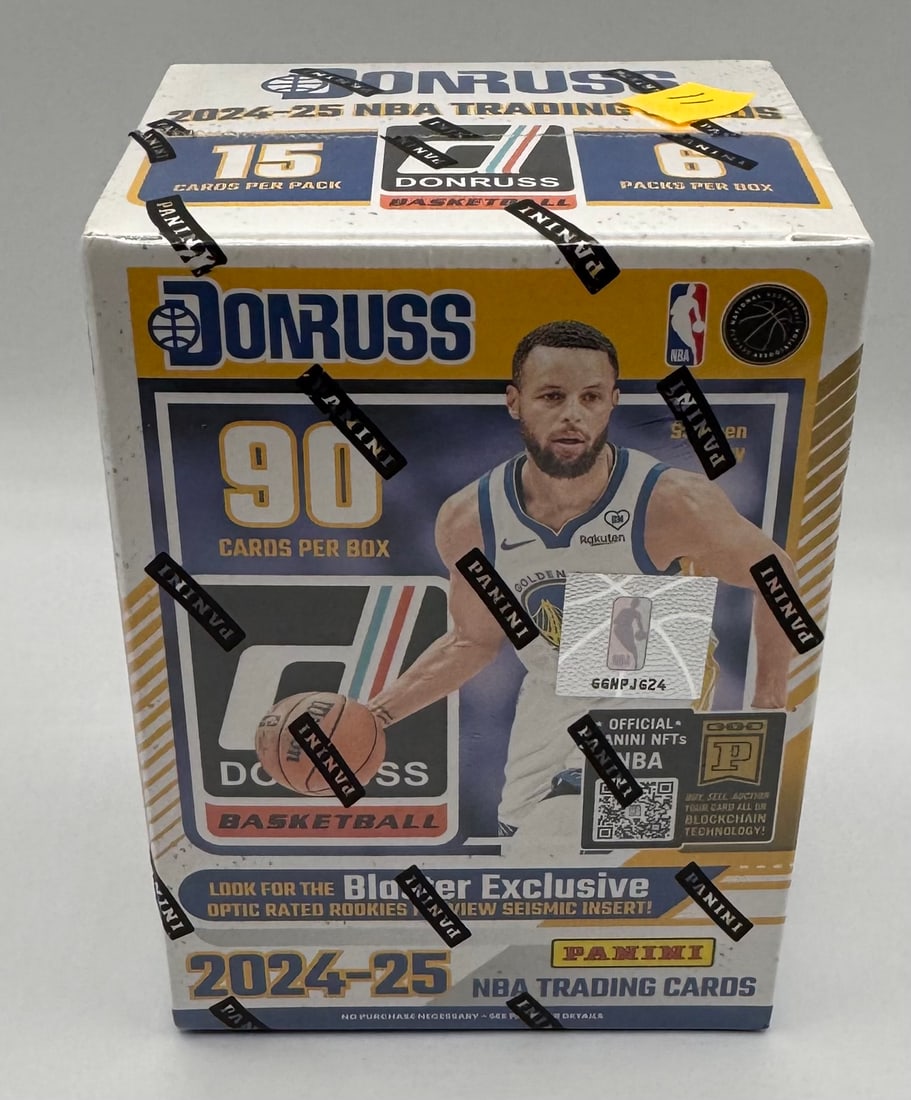 (2024-25 Panini Donruss NBA Basketball Sealed Blaster Box - Stephen Curry: A factory-sealed 2024-25 Donruss Basketball Blaster Box featuring Golden State Warriors superstar Stephen Curry on the packaging.• Total Cards: 90 cards per box.• Exclusives: Look for Blaste