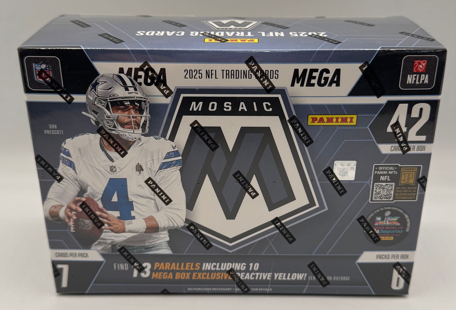 2025 Panini Mosaic NFL Football Sealed Mega Box - Exclusive Reactive Yellows: A factory-sealed 2025 Panini Mosaic Football Mega Box featuring Dak Prescott of the Dallas Cowboys. Mosaic is a favorite for collectors seeking high-action photography and vibrant parallels.• Tot
