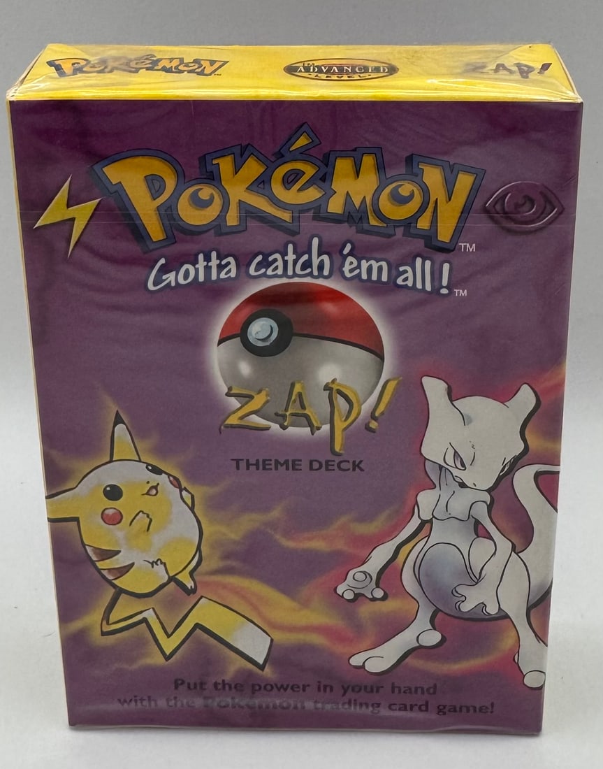 Sealed Pokemon TCG Zap! Theme Deck - Base Set - WOTC 1999: Featured pokemon: Mewtwo & Pikachu• Condition: Factory Sealed. Original cellophane intact.• Details: Includes a 60-card legal deck, Pokémon coin, and rulebook. Features the elusive