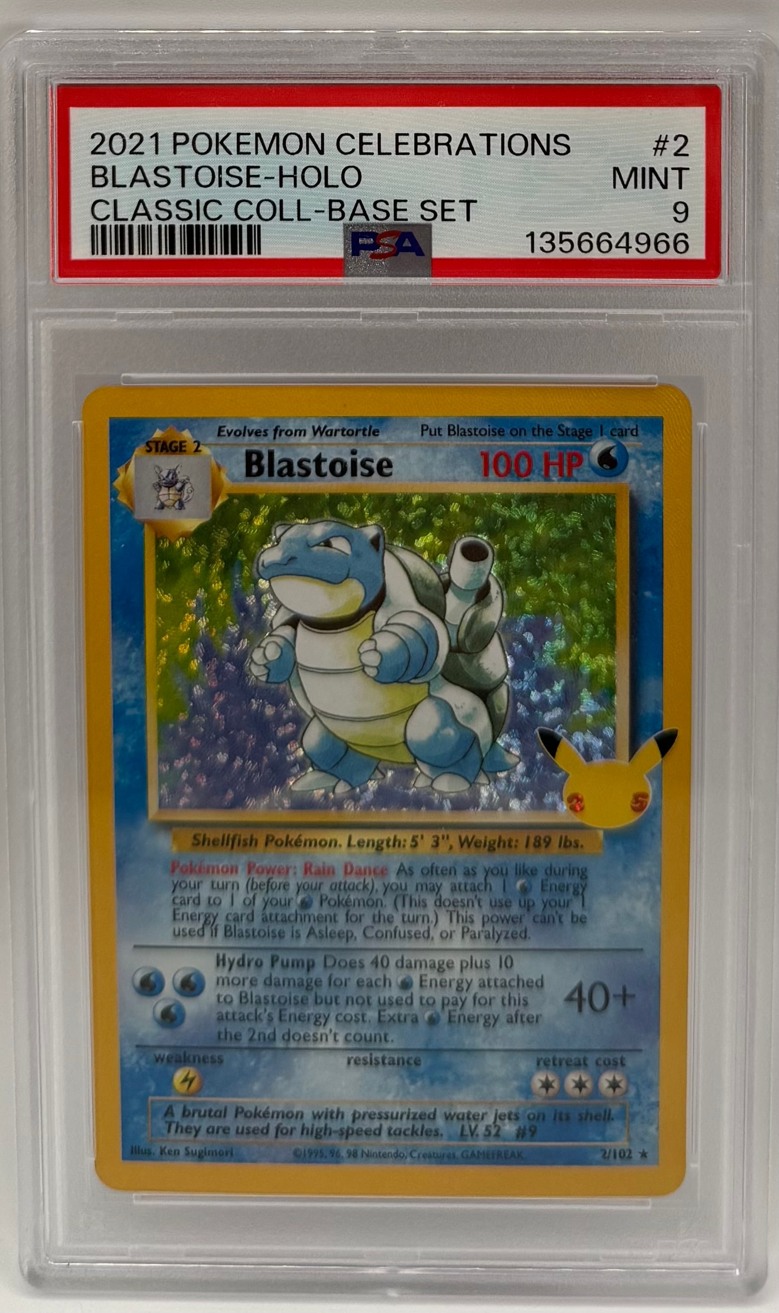 2021 Pokémon Celebrations Blastoise-Holo Classic Coll-Base Set: Card Name: Blastoise (Holographic)• Set: Celebrations (Classic Collection / 25th Anniversary)• Grade: PSA 9 (Mint)• Cert Number: 135664966• Details: A modern reprint of the origina