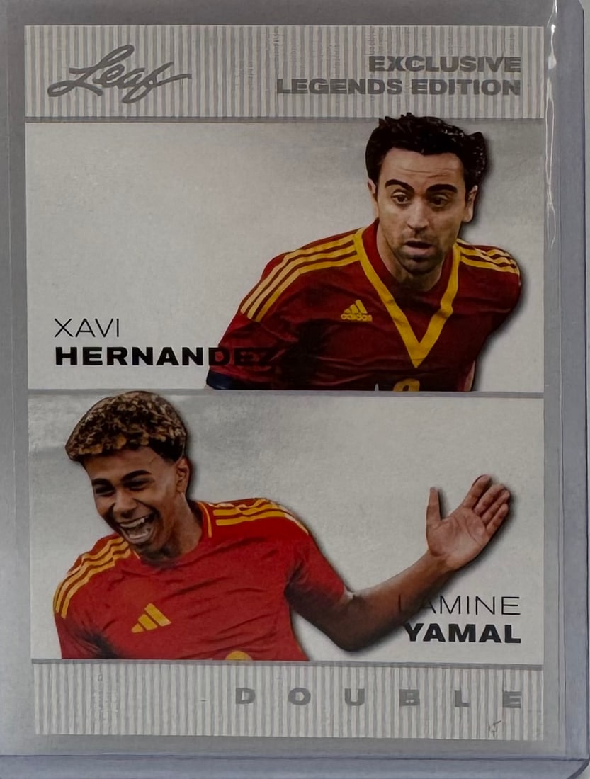 2024 Leaf Trading Cards Double Xavi Hernandez & Lamine Yamal Soccer Card: Brand: Leaf Trading Cards (2024)• Card Number: ELE-33• Players: Features FC Barcelona legend Xavi Hernandez and rising superstar Lamine Yamal.• Notes: A "Generations" style card connect