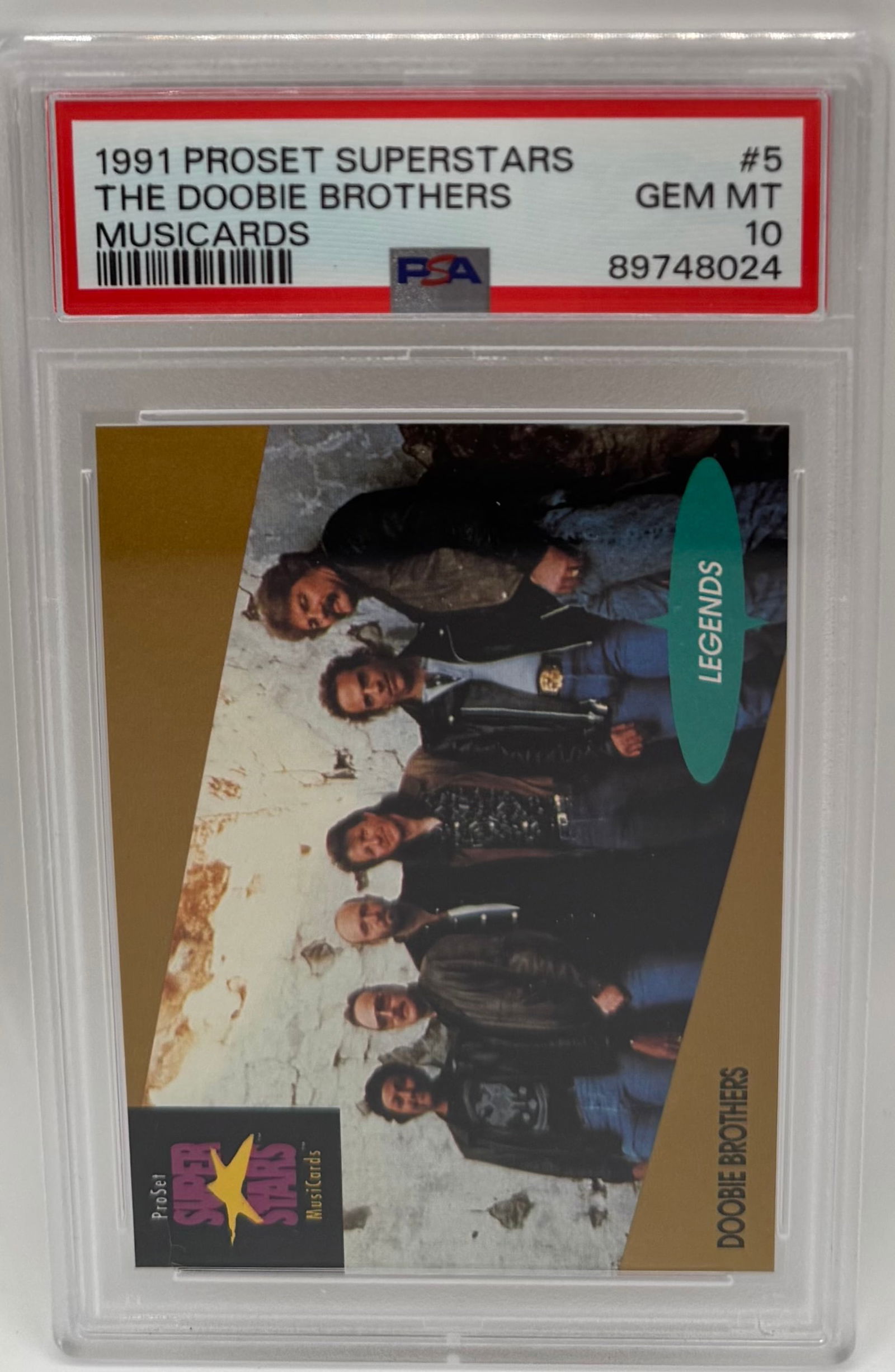 1991 ProSet Superstars Musicards #5 The Doobie Brothers PSA 10: Grading: PSA 10 Gem Mint• Card Number: #5• Set: ProSet Superstars "Legends"• Cert Number: 89748024• Notes: A vintage music collectible in a rare Gem Mint grade. Features the legend