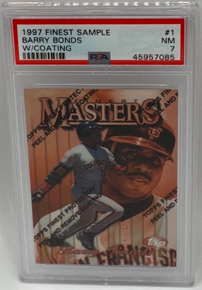 1997 Topps Finest Masters Barry Bonds Sample Card (with Coating): Player: Barry Bonds• Year/Set: 1997 Topps Finest Sample• Card Number: #1• Special Feature: Rare "Sample" designation on the back (per label). The card retains its original protective