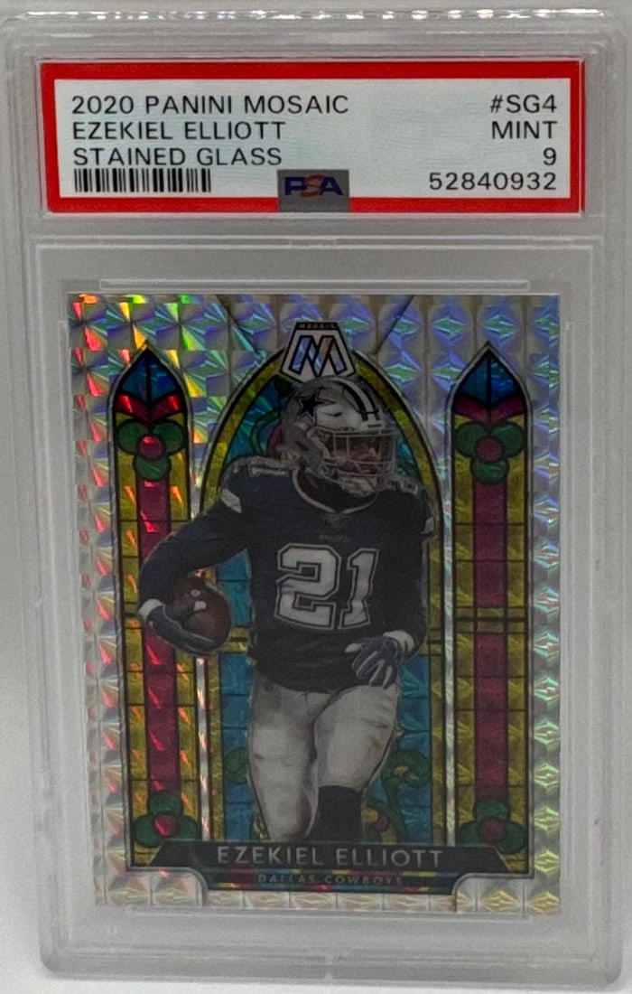 2020 Panini Mosaic Ezekiel Elliott Stained Glass Case Hit Insert: Player: Ezekiel Elliott (Dallas Cowboys)• Year/Set: 2020 Panini Mosaic• Card Number: #SG4• Special Feature: Highly coveted "Stained Glass" super-short print (SSP) insert featuring a