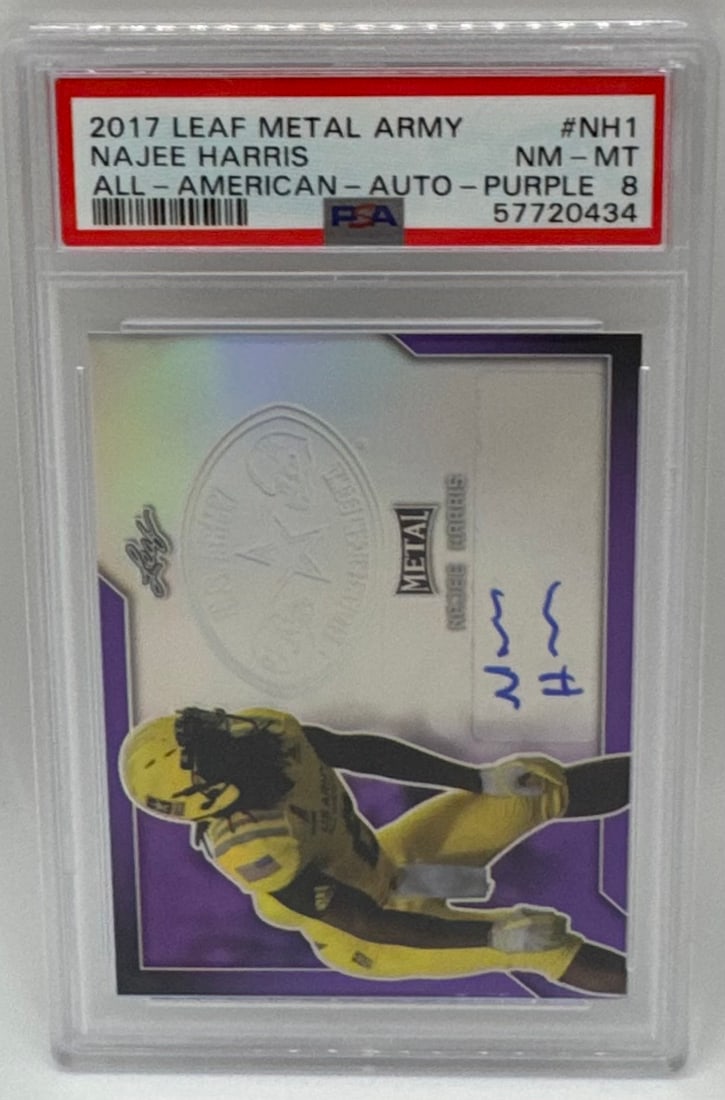 2017 Leaf Metal Army Najee Harris Purple Parallel Autograph /25: Player: Najee Harris /25• Year/Set: 2017 Leaf Metal Army (All-American)• Card Number: #NH1• Parallel: Purple• Special Feature: Certified Autograph featuring Harris in his high