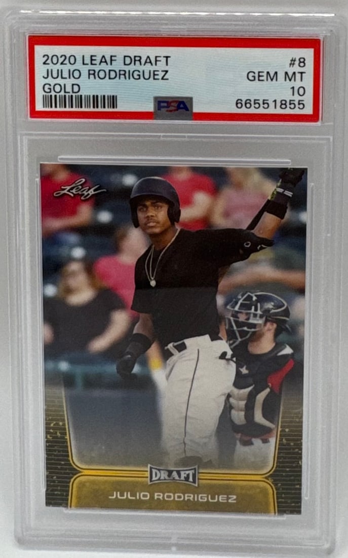2020 Leaf Draft Julio Rodriguez Gold Parallel #8 - PSA 10: Player: Julio Rodriguez (Seattle Mariners)• Set: 2020 Leaf Draft• Card Type: Gold Parallel• Grading: PSA 10 (Gem Mint)• Note: A high-grade early card of the Mariners' superstar