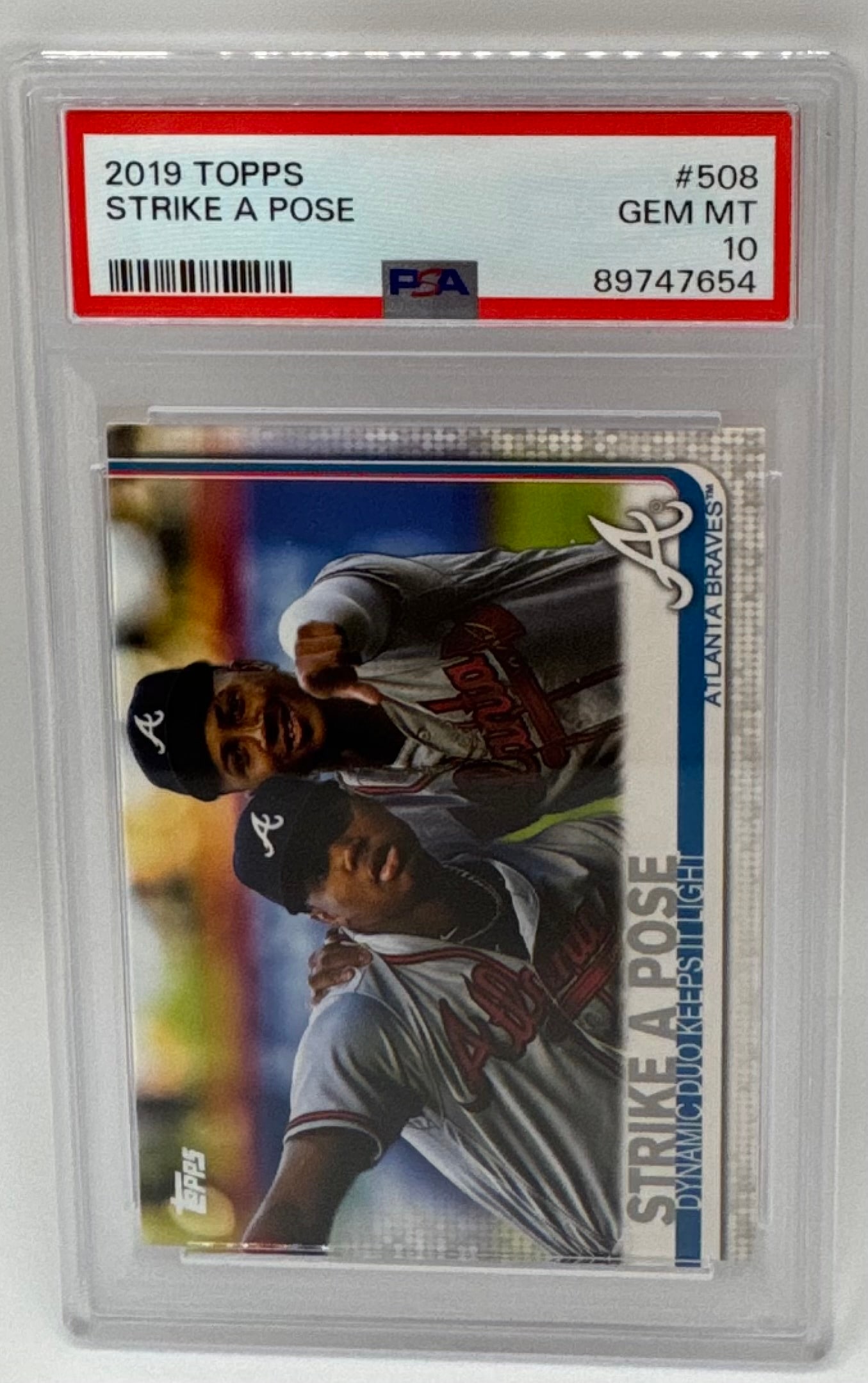 2019 Topps "Strike A Pose" Ronald Acuna Jr. & Ozzie Albies #508 - PSA 10: Players: Ronald Acuna Jr. & Ozzie Albies (Atlanta Braves)• Set: 2019 Topps Series 2• Card Type: "Strike A Pose" Dynamic Duo Insert• Grading: PSA 10 (Gem Mint)• Note: Captures the
