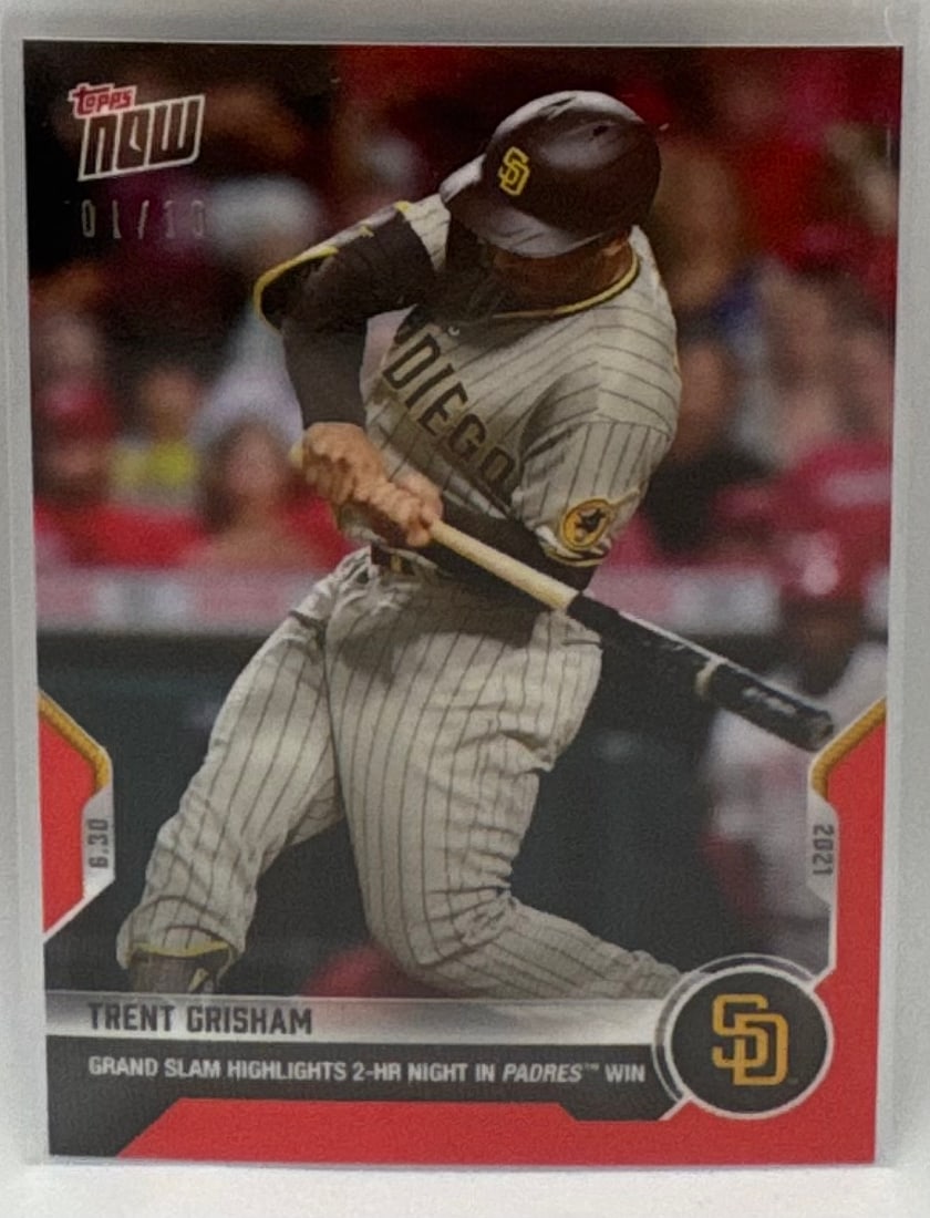 2021 Topps Now Trent Grisham Red Parallel #01/10 - San Diego Padres: A highly limited 2021 Topps Now card featuring San Diego Padres outfielder Trent Grisham. This is the Red Parallel, serial-numbered 01/10 (Bookend number). Commemorates his 2-HR, Grand Slam night on