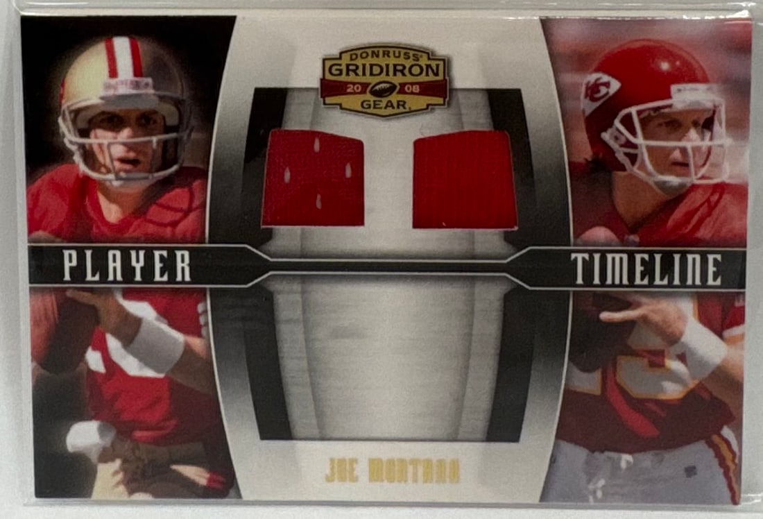 2008 Donruss Gridiron Gear Joe Montana Dual Jersey Patch /100: 2008 Donruss Gridiron Gear "Player Timeline" featuring Hall of Fame legend Joe Montana. This card contains two authentic jersey swatches, one representing his time with the San Francisco 49ers and