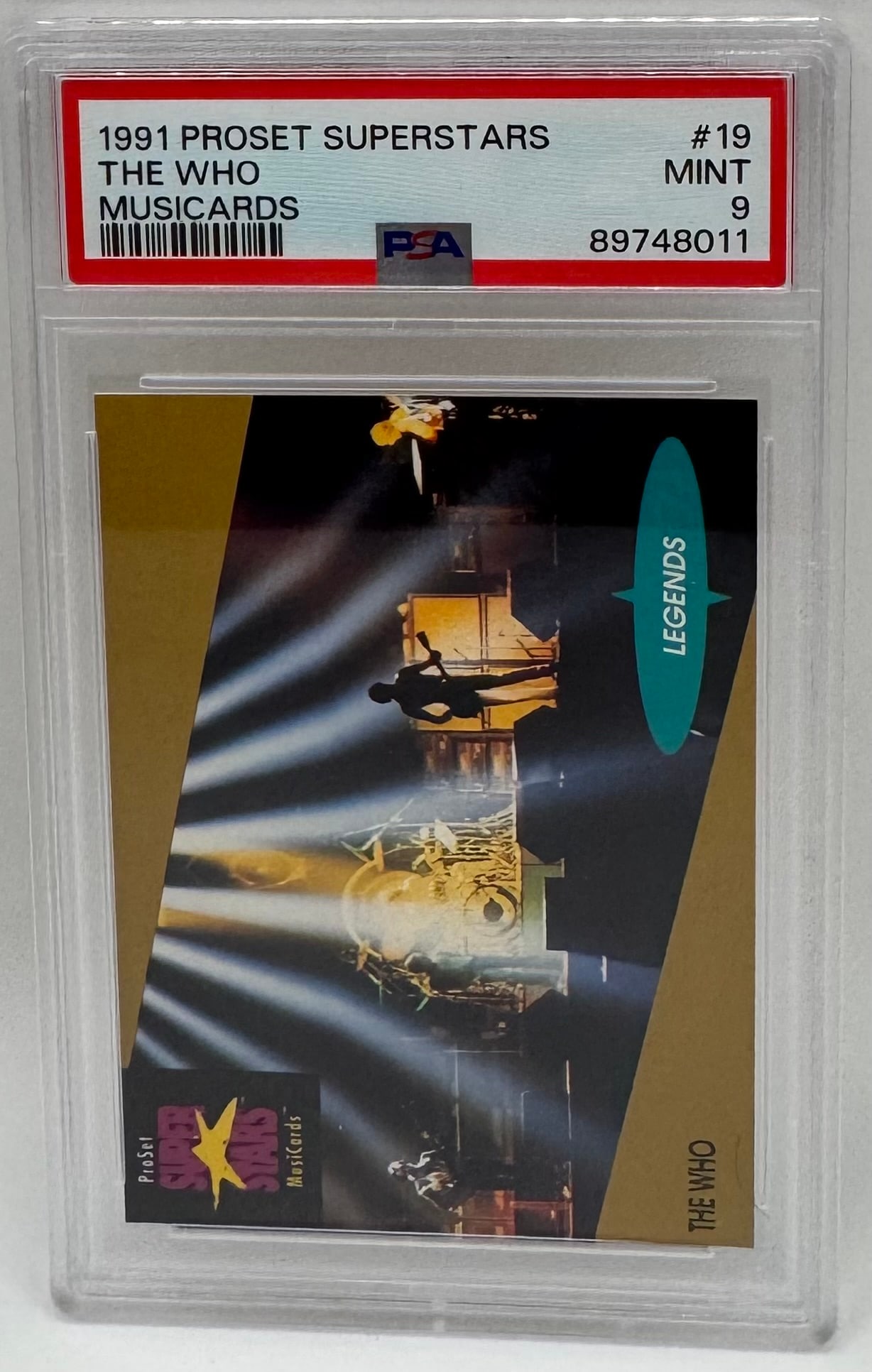 1991 ProSet Superstars Musicards The Who #19 - PSA 9 MINT: A vintage 1991 ProSet Superstars "Musicards" featuring the legendary rock band The Who. This "Legends" subset card (#19) captures the energy of their live performance. Graded MINT 9 by PSA.• Grad