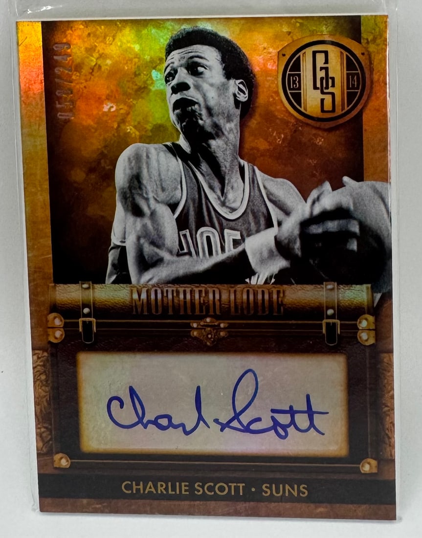 2013-14 Panini Gold Standard Charlie Scott Mother Lode Auto #/249: A 2013-14 Panini Gold Standard "Mother Lode" insert card featuring Phoenix Suns great Charlie Scott. The card features a bold on-card signature in blue ink. This card is serially numbered 053/249.&bul