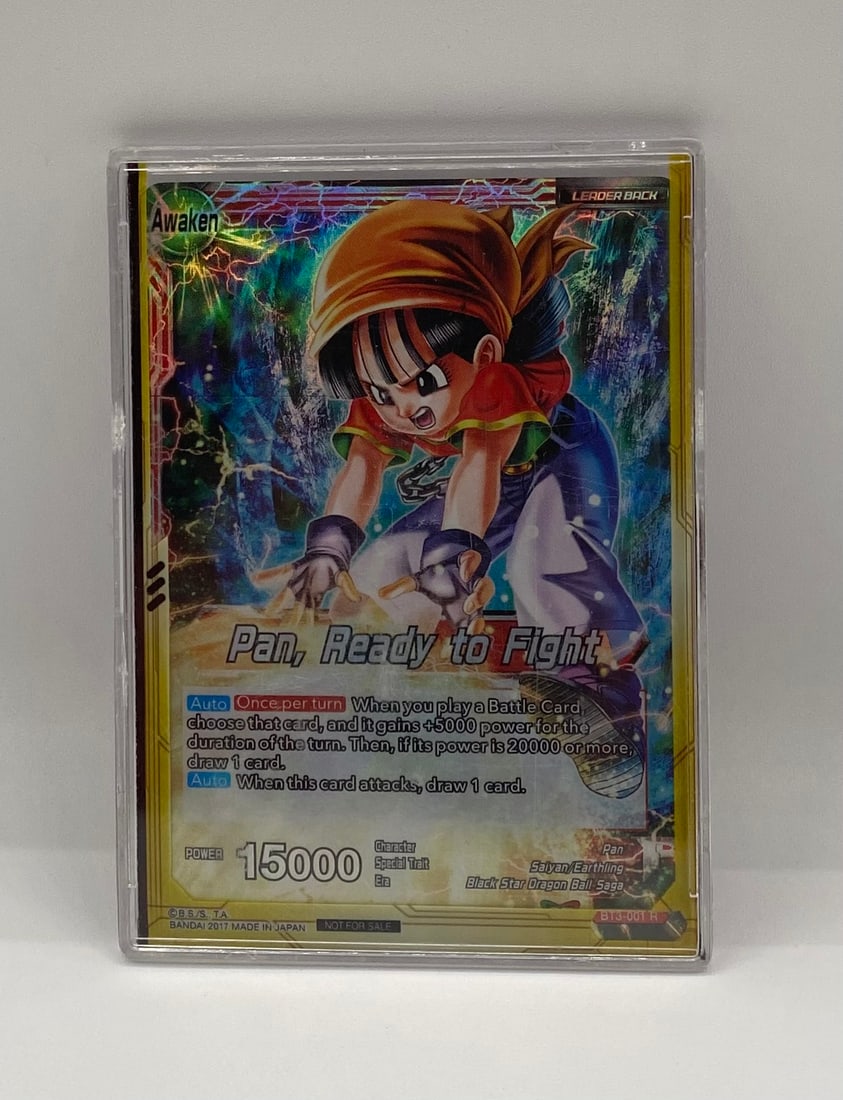Dragon Ball Super Pan, Ready to Fight R Holo: Character: Pan• Card Number: BT3-001 R• Rarity: Rare (Leader)• Set: Cross Worlds• Condition: Excellent condition in top-loader. This is the "Awakened" back side of the Pan leader c