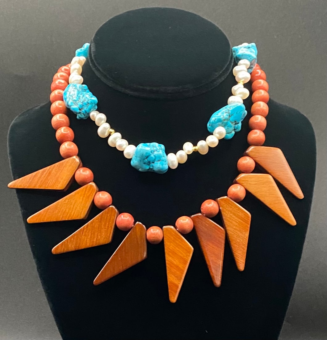 Vintage Turquoise & Cultured Pearl Choker with Geometric Carved Wood Statement Necklace (1 of 1)