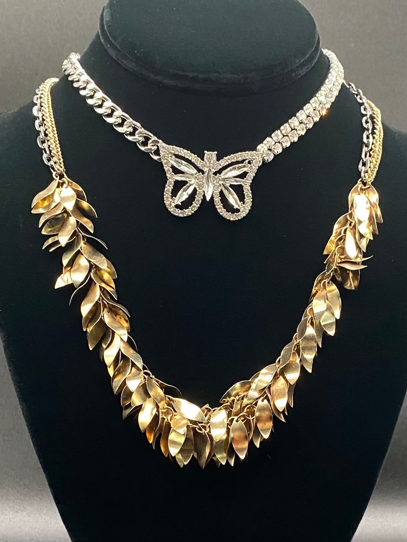 Vintage Statement Necklace Set – Rhinestone Butterfly Choker & Textured Gold-Tone Leaf Fringe (1 of 1)