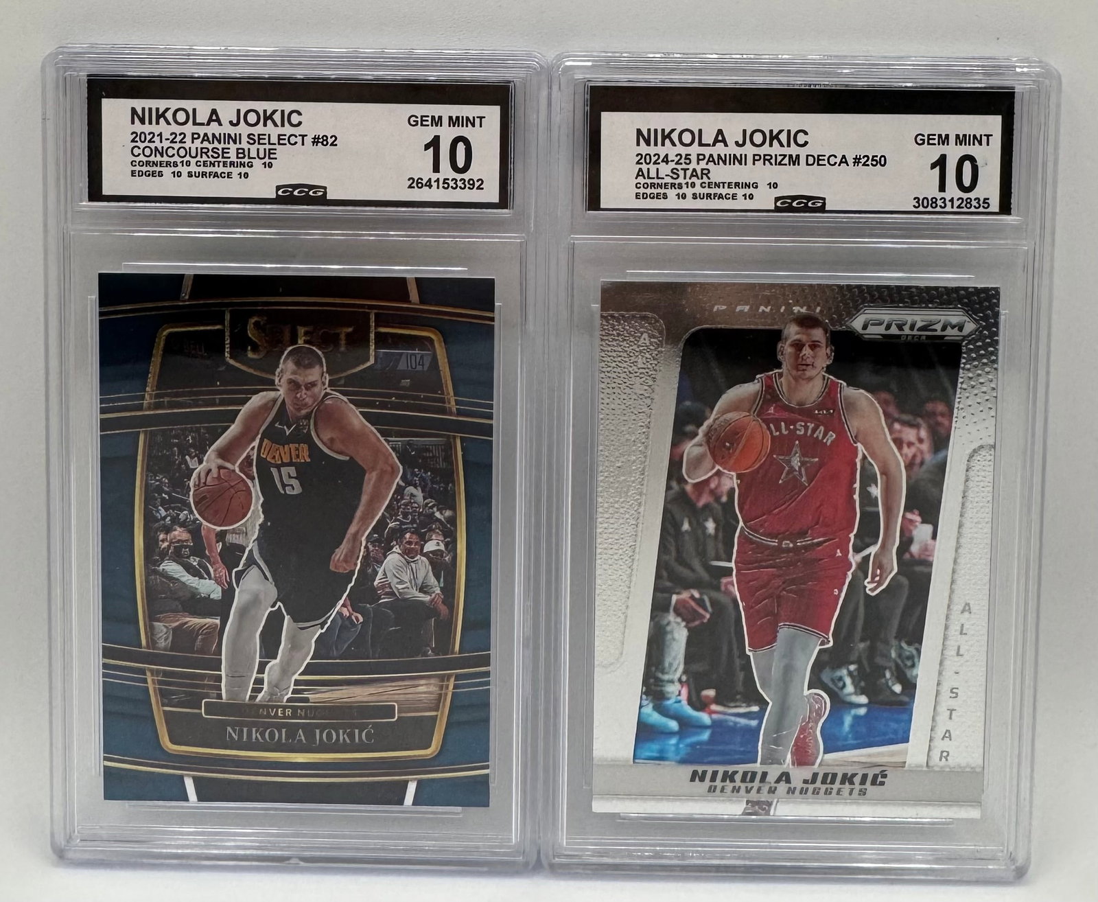 Nikola Jokic Graded Duo: 2021 Select Blue & 2024 Prizm Deca All-Star - Both CCG 10 (1 of 2)