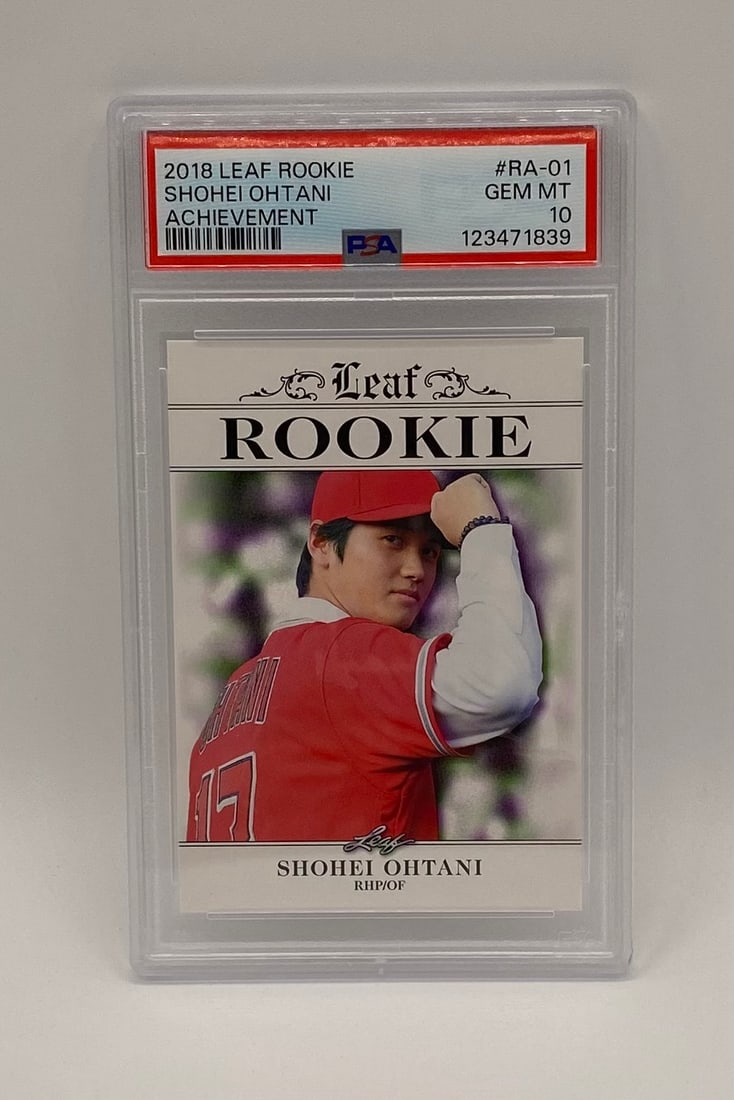 2018 Leaf Rookie Shohei Ohtani Achievement PSA 10: A premier rookie offering featuring dual-threat sensation Shohei Ohtani. This 2018 Leaf Rookie "Achievement" card has been awarded the highest possible grade of Gem Mint 10 by PSA. A must-have anchor 