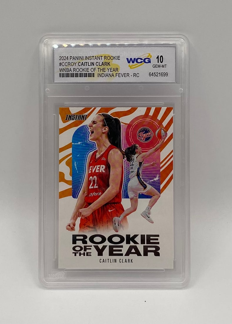 2024 Panini Instant Caitlin Clark WNBA Rookie of the Year: A standout "Rookie of the Year" edition Caitlin Clark card from the 2024 Panini Instant series. Captures the historic debut season of the Indiana Fever star. Pristine GEM-MT 10 condition.• Gradin