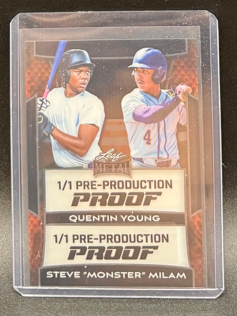 Quentin Young & Steve Milam 1/1 Pre-Production Proof: A unique 1-of-1 pre-production proof from the Leaf Metal series featuring two rising baseball stars, Quentin Young and Steve "Monster" Milam. This "One-of-One" collectible represents a rare piece of t