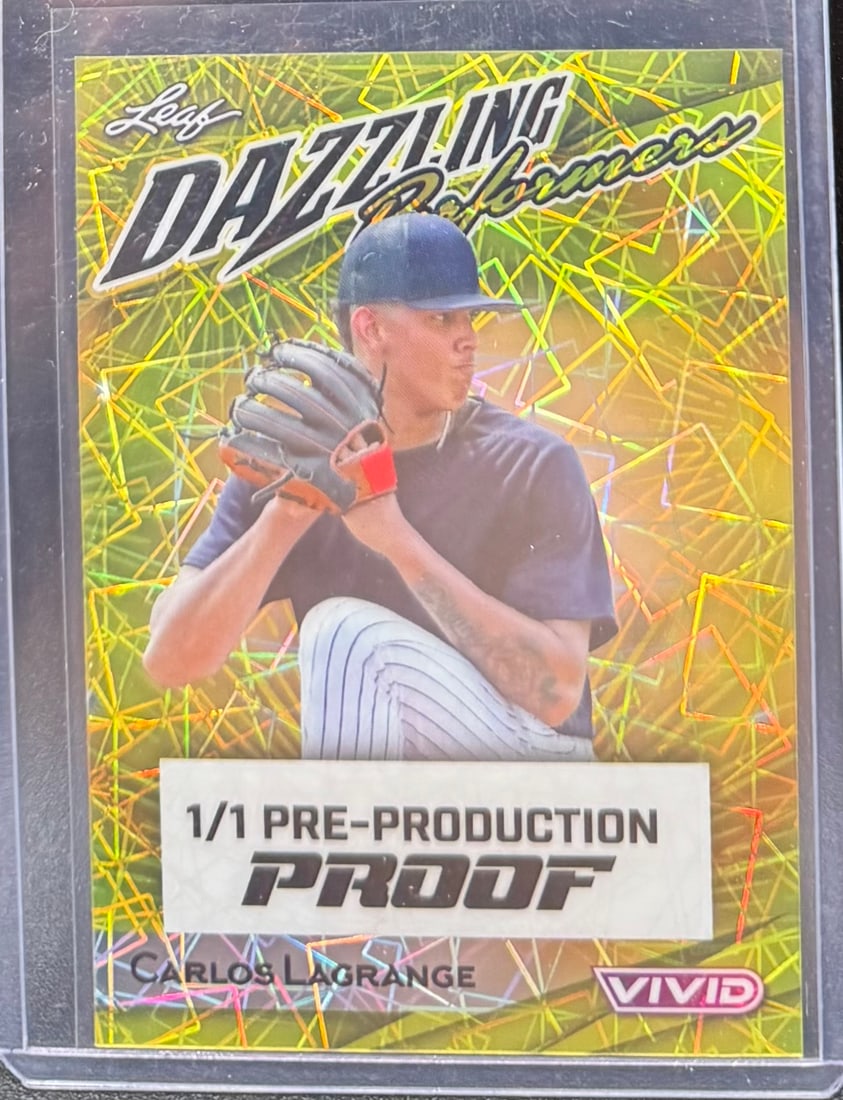 Carlos Lagrange 1/1 Pre-Production Proof: An ultra-rare 1-of-1 pre-production proof of Carlos Lagrange from the Leaf Vivid "Dazzling Performers" insert set. Features a vibrant, geometric "Vivid" foil pattern. A must-have for 1/1 completionist