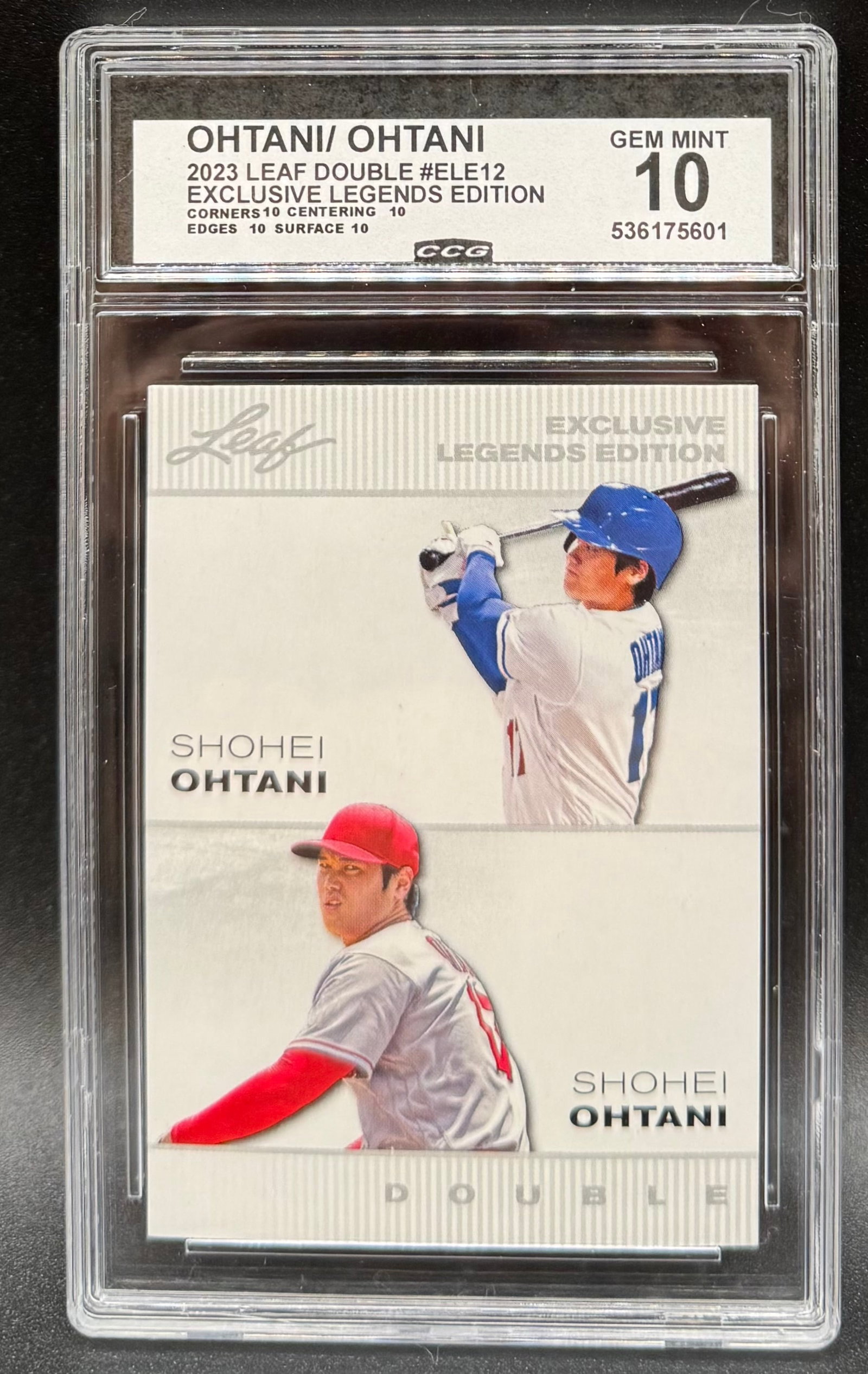 2023 Leaf Double Shohei Ohtani Exclusive Legends Edition: High-grade 2023 Leaf Double #ELE12 featuring two-way superstar Shohei Ohtani in both pitching and batting poses. Graded Gem Mint 10 by CCG with perfect sub-grades for Corners (10), Edges (10), and Sur