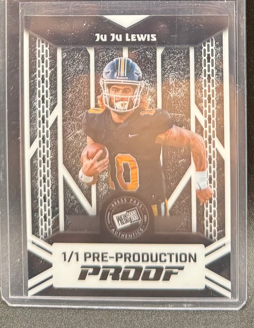 2024 Press Pass JuJu Lewis 1/1 Pre-Production Proof: An absolute rarity for football prospect collectors, this is a 2024 Press Pass Authentics JuJu Lewis 1/1 Pre-Production Proof. JuJu Lewis is widely regarded as one of the top quarterback prospects in 