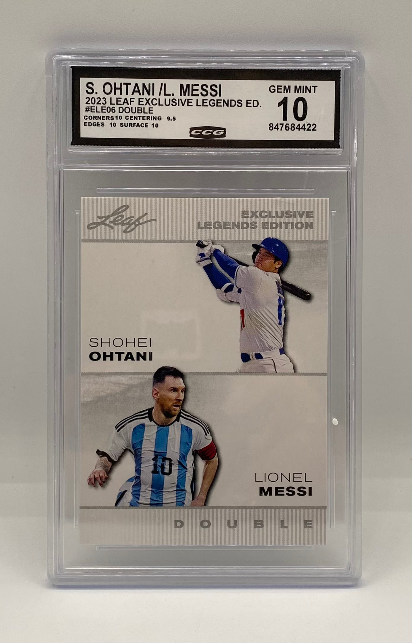 2023 Leaf Exclusive Legends Shohei Ohtani & Lionel Messi Card: 2023 Leaf Exclusive Legends Ed. Shohei Ohtani / Lionel Messi Double mint 10