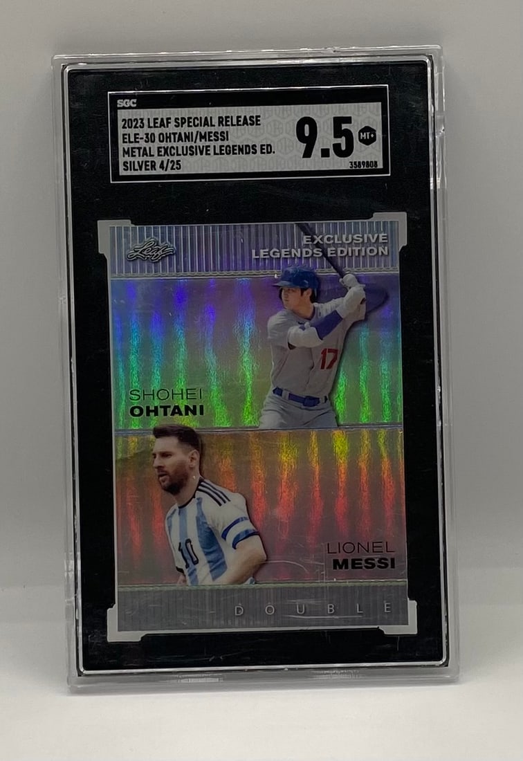 Shohei Ohtani And Lionel Messi Silver Parallel /25: 2023 Leaf Metal Exclusive Legends Shohei Ohtani / Lionel Messi Silver Parallel – 4/25 – SGC 9.5 Mint