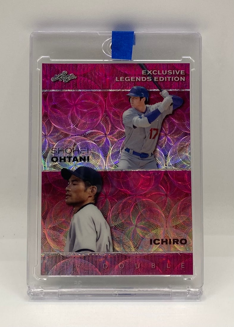 Shohei Ohtani & Ichiro Suzuki Pink Spiral Parallel /10: 2023 Leaf Exclusive Legends Ed. Shohei Ohtani and Ichiro Suzuki Pink Spiral Parallel numbered /10