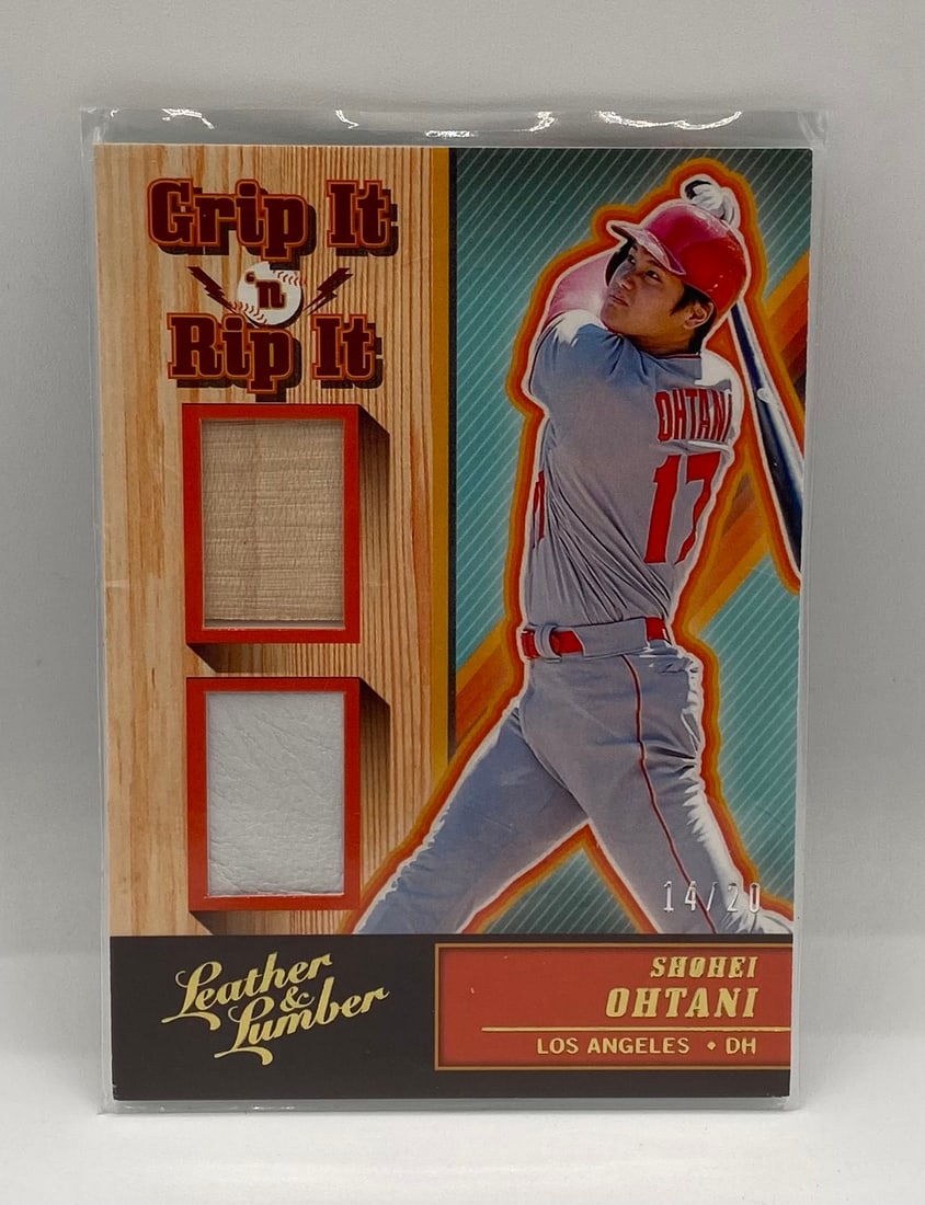 Shohei Ohtani Player Used Material Card /20: 2019 Panini Leather & Lumber Shohei Ohtani Dual Relic Card 14/20