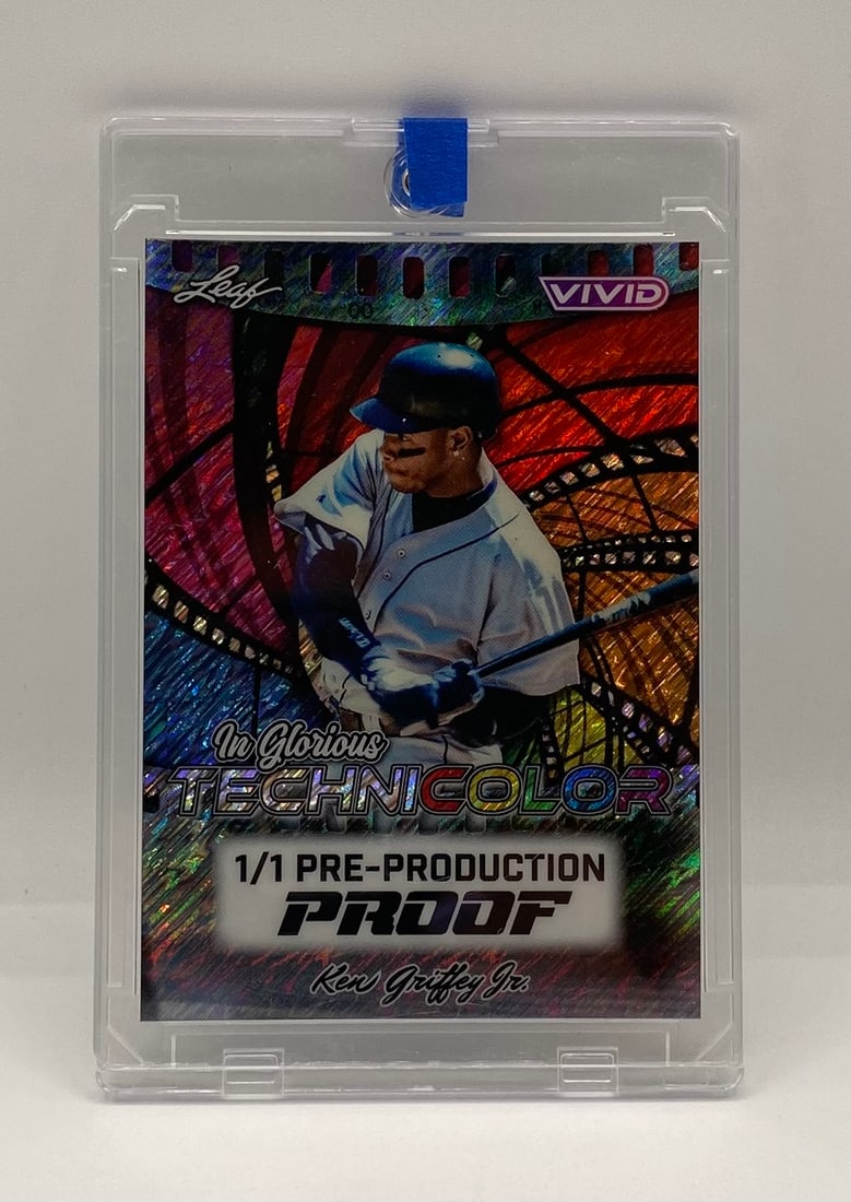 Ken Griffey Jr Card 1/1: An ultra-rare Leaf Vivid "In Glorious Technicolor" pre-production trading card featuring baseball legend Ken Griffey Jr. This exceptional piece is designated as a 1/1 Pre-Production Proof, making it