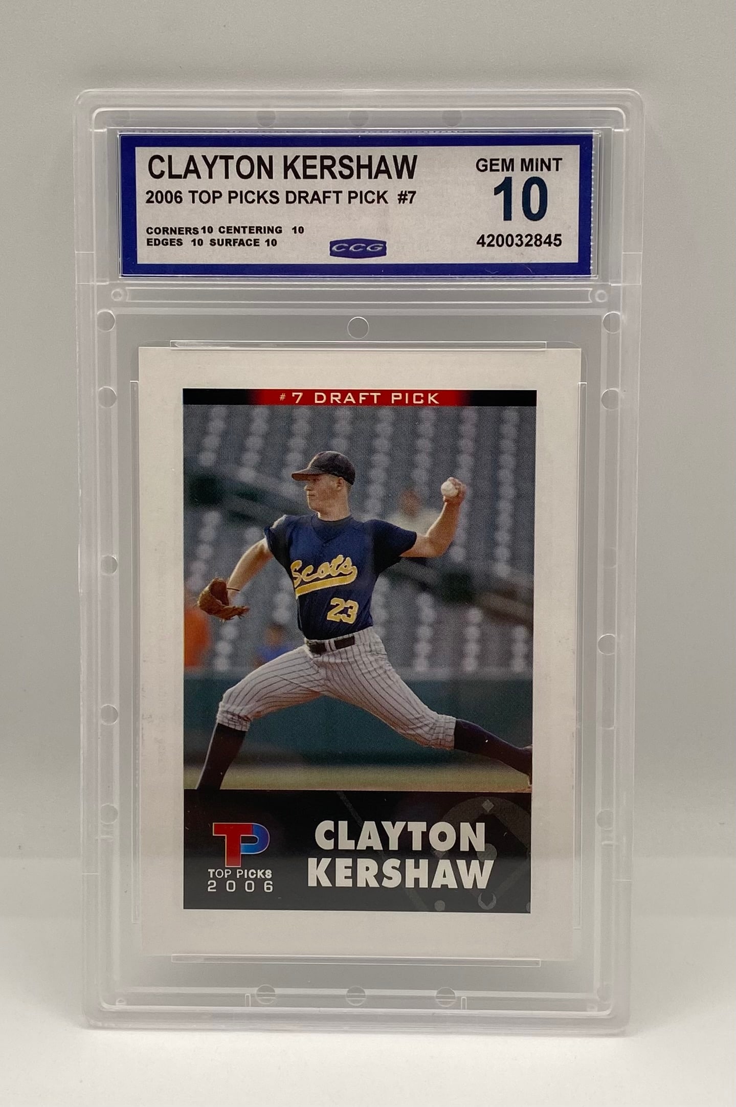 2006 Top Picks Draft Pick Clayton Kershaw Rookie Card: 2006 Top Picks Draft Pick #7 Clayton Kershaw Rookie Card - CCG 10 Gem Mint