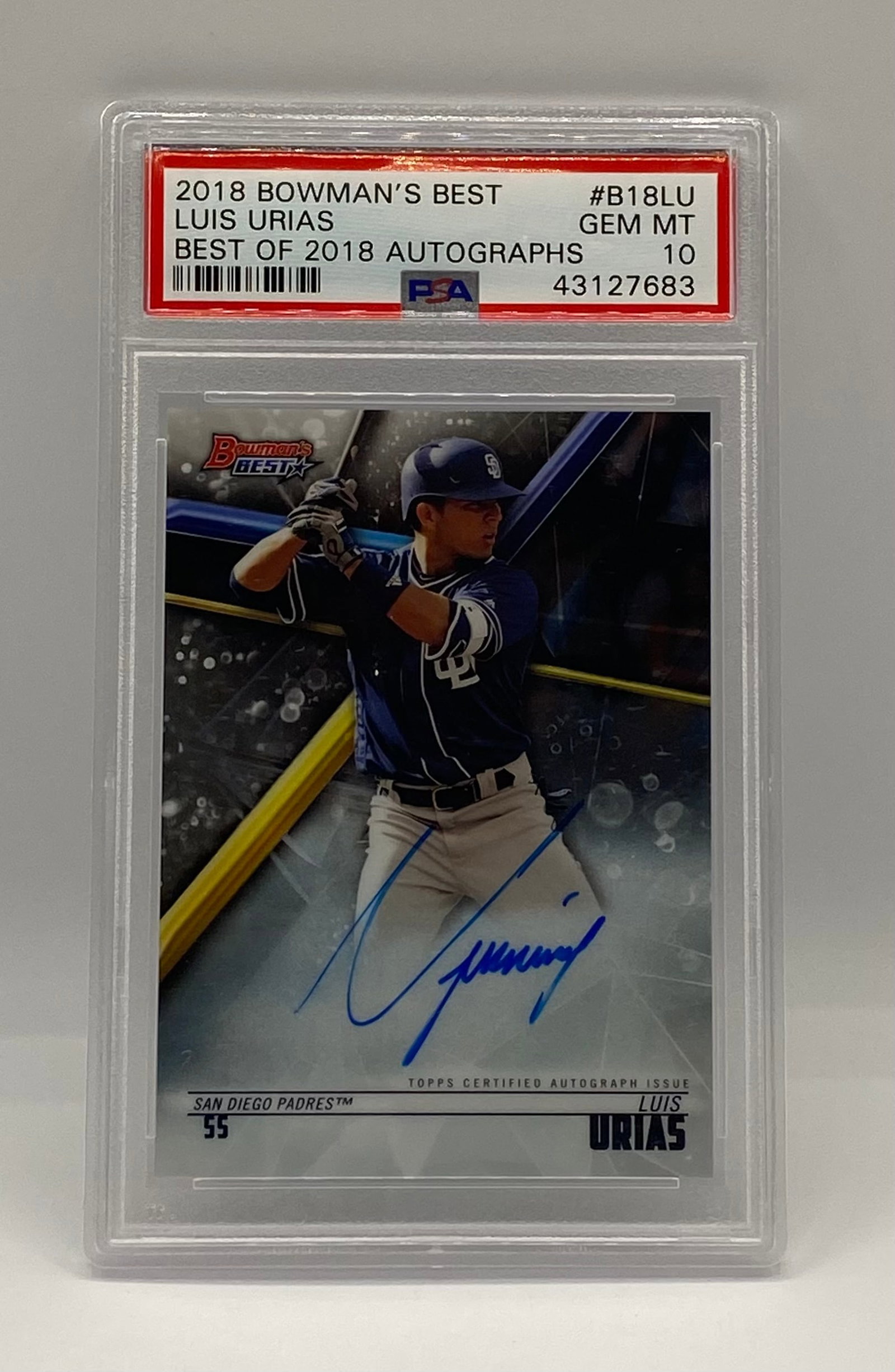 Luis Urias Certified Autograph Card PSA 10: 2018 Bowman's Best #B18LU Luis Urias Certified Autograph Card - PSA 10 Gem Mint