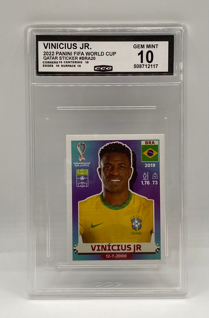 2022 Panini FIFA World Cup Qatar Vinicius Jr. Sticker: 2022 Panini FIFA World Cup Qatar Vinicius Jr. Sticker #BRA20 – CCG Gem Mint 10